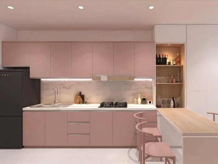 Tủ bếp acrylic màu hồng pastel đáng yêu cho nữ gia chủ