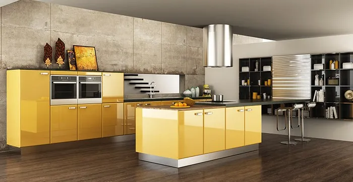 Tủ bếp acrylic được sản xuất từ gỗ công nghiệp và lớp phủ nhựa acrylic