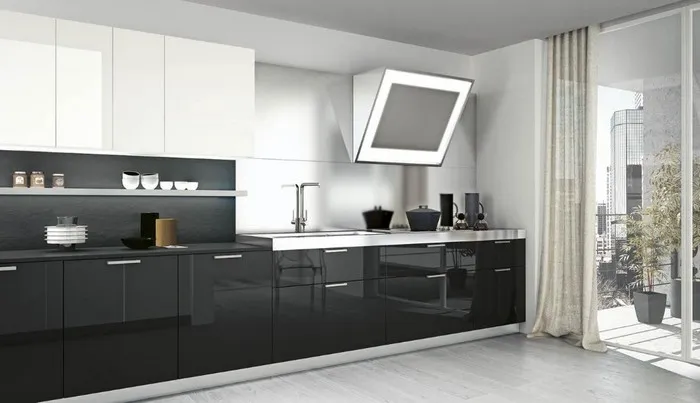 Tủ bếp acrylic màu đen phối tủ bếp trắng