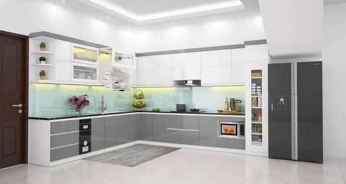 Tủ bếp acrylic màu xám phối trắng kết hợp nội thất điện tử hiện đại