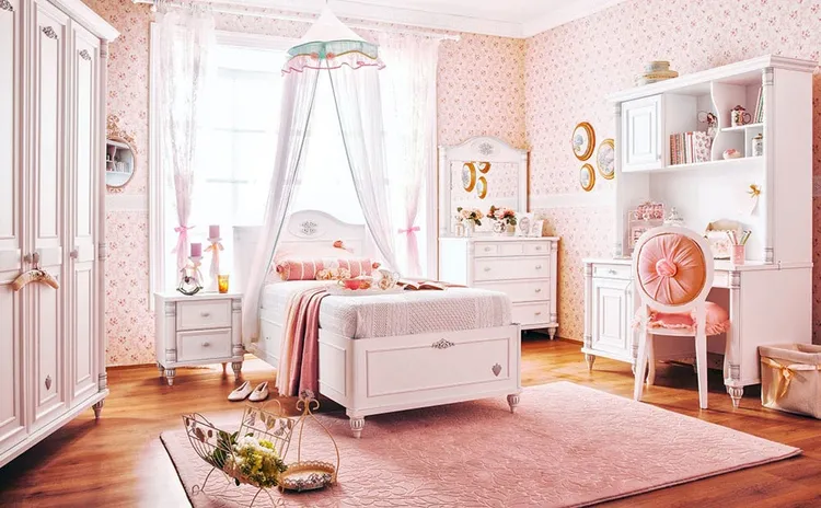 Mẫu phòng ngủ thiết kế theo phong cách công chúa chắc chắn sẽ khiến cho các cô bé mê mẩn và cực kỳ yêu thích.