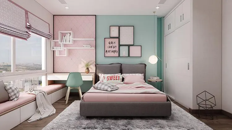 Mẫu phòng ngủ tiện nghi hiện đại, kết hợp của hai gam màu hồng và xám trắng, tạo nên không gian vừa sang trọng, vừa độc đáo.