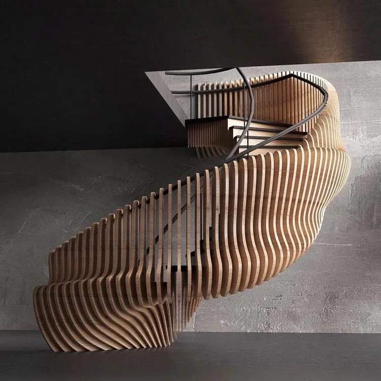 Cầu thang xoắn với một bên lan can và bậc thang bằng gỗ vô cùng ấn tượng.