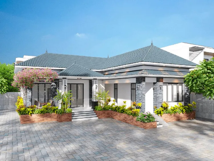 Kết hợp cảnh quan sân vườn xanh tươi tạo nên vẻ thông thoáng, tươi mát