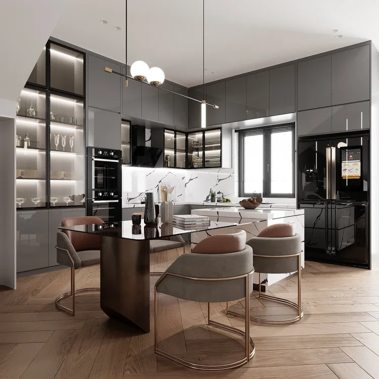 Khu vực nhà bếp phong cách hiện đại được bố trí nội thất thông minh, đa năng, tạo không gian tiện nghi, sang trọng và hiện đại.