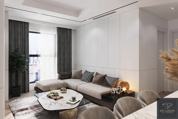 Phòng khách được thiết kế đơn giản tinh tế trong căn hộ phong cách hiện đại