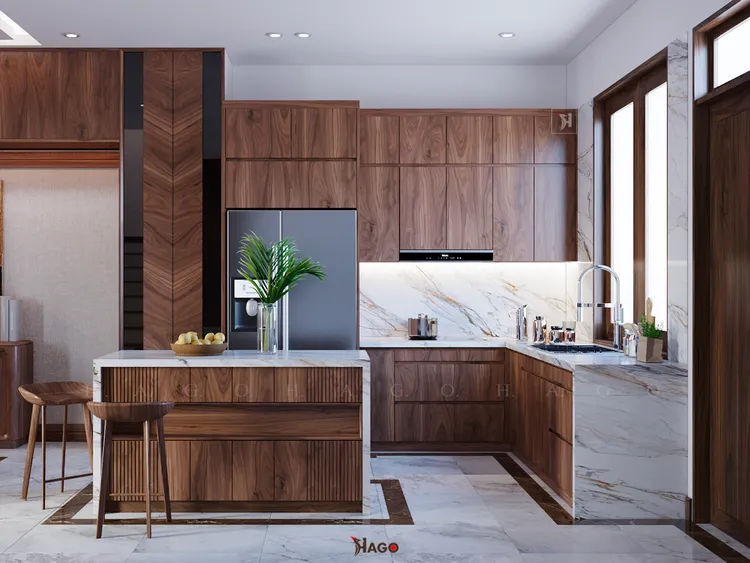 Mẫu tủ bếp cao cấp hình chữ U kết hợp thêm phần tủ trên được làm bằng chất liệu gỗ tự nhiên mang đến nhiều công năng và tiện ích cho gian bếp nhà bạn
