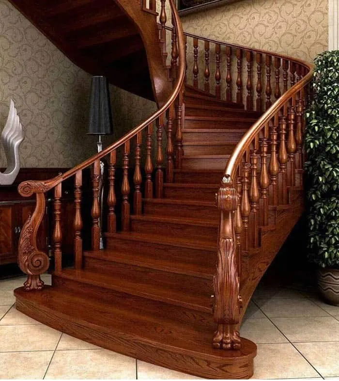 Cầu thang gỗ đẹp phong cách cổ điển thiết kế uốn lượn mềm mại
