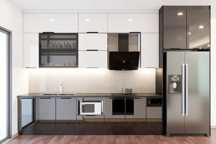 Mẫu tủ bếp inox cánh kính thích hợp cho không gian bếp vừa phải, đảm bảo thông thoáng và dễ chịu