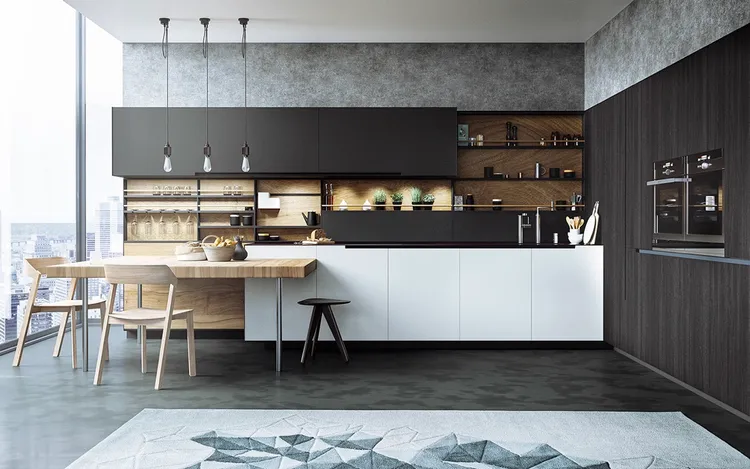 Tủ bếp cao cấp với kiểu dáng đơn giản, thanh lịch, màu sắc tối giản mang đến không gian bếp hiện đại nhưng không kém phần tươi mới