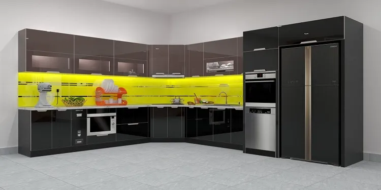 Mẫu tủ bếp inox cánh acrylic gam màu đen & nâu tạo điểm nhấn sang trọng cho không gian, lại sạch sẽ, dễ vệ sinh