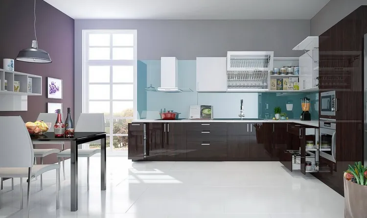 Sự phối hợp hài hòa giữa chất liệu gỗ và kính trong thiết kế tủ bếp cao cấp, mang đến sự sang trọng, hiện đại cho không gian bếp