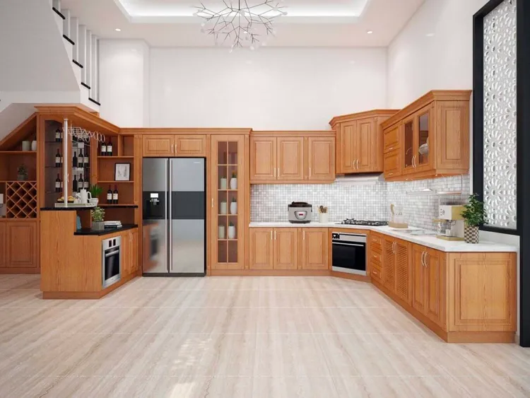 Tủ bếp cao cấp được thiết kế thông minh với nhiều khoang chứa đồ và tủ lạnh tích hợp, giúp tối ưu hóa không gian và tiện ích cho người sử dụng.