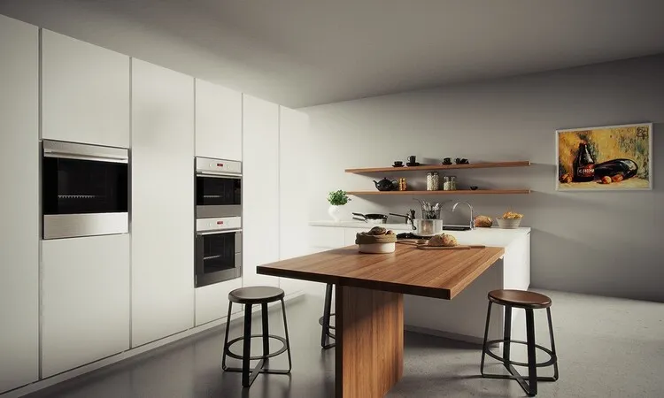 Quầy bar thiết kế nối liền bàn bếp sử dụng tông trắng, màu gỗ và màu đen theo phong cách tối giản mang tới sự sang trọng, tiện nghi và thoải mái cho gian bếp.