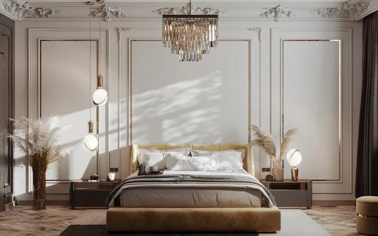 Phòng ngủ phong cách tân cổ điển với tông màu nâu và trắng, thiết kế tối giản nhưng vẫn sang trọng, trang nhã.