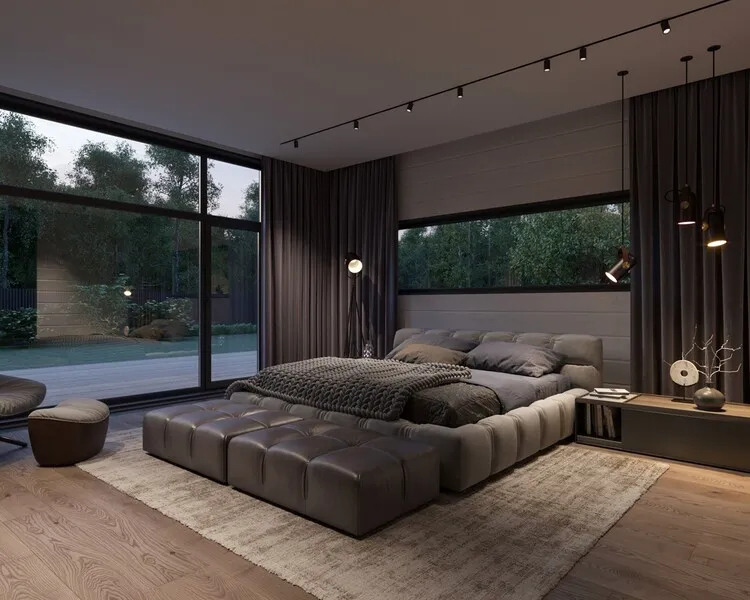 Phòng ngủ master cho biệt thự mặt đất với phong cách tối giản, mộc mạc, tận dụng tối đa khung cửa kính để tăng sự gần gũi với thiên nhiên.