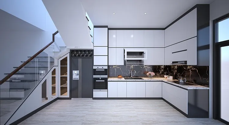 Hệ tủ bếp đẹp hình chữ L cần có kích cỡ cân đối với không gian nhà bếp