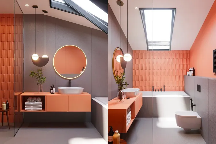 Phòng tắm 4m2 đẹp tông màu hồng xám lạ mắt, ưu tiên sử dụng ánh sáng tự nhiên để tối ưu diện tích.