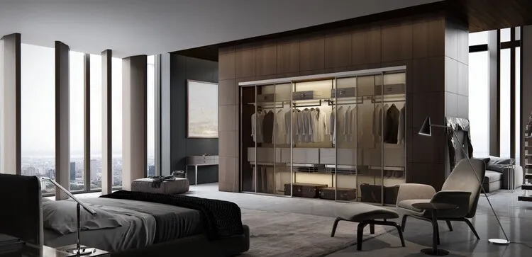 Phòng ngủ master cho villa theo phong cách hiện đại, tối giản với tủ quần áo bố trí đối diện giường