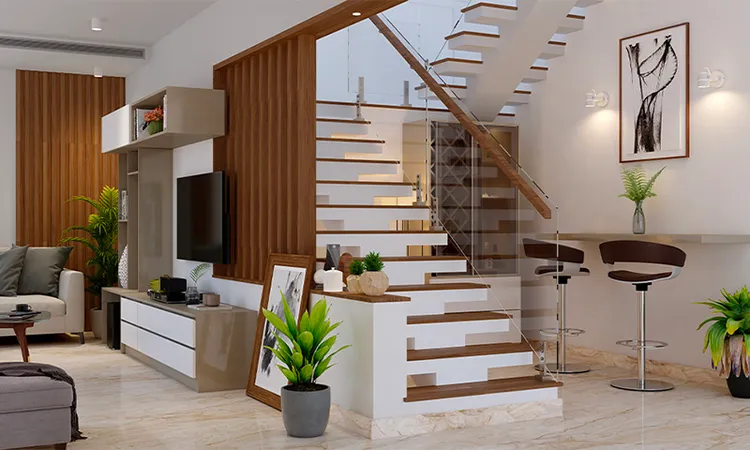 Cầu thang bằng gỗ là điểm nhấn đặc biệt trong phòng khách nhà ống 5m, tạo nên sự sang trọng và đẳng cấp.