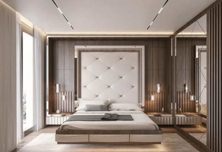 Phòng ngủ master diện tích nhỏ sử dụng tủ quần áo âm tường, bề mặt tủ dùng thiết kế mặt gương vừa gọn gàng, tăng độ sang trọng lại khiến không gian như rộng hơn.