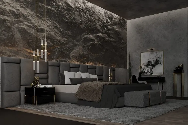 Phòng khách hiện đại với tông màu xám đậm chủ đạo mang tới sự mát mẻ, thư giãn; tường đầu giường ốp đá 3D siêu nhẹ vừa ấn tượng vừa tạo chiều sâu cho không gian.