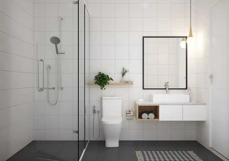 Mẫu thiết kế phòng tắm 4m2 đẹp được trang bị vách ngăn kính giúp mở rộng không gian