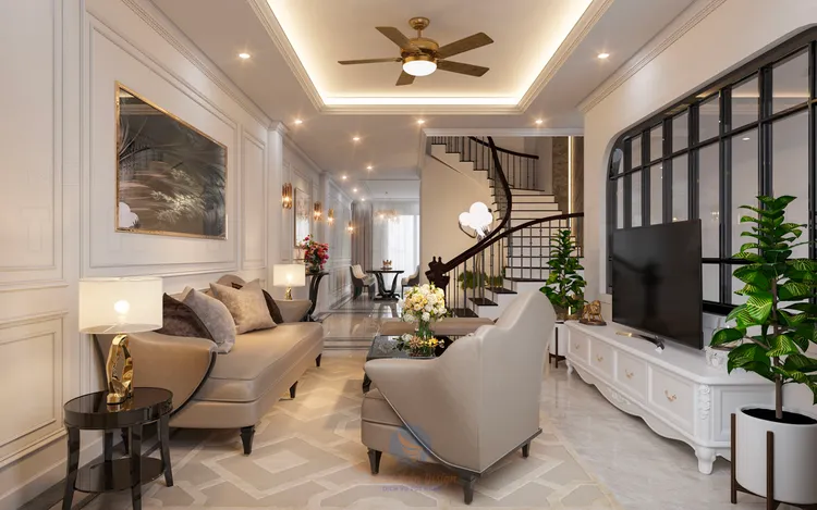 Mẫu phòng khách hiện đại nhờ sự phối hợp với các gam màu cơ bản như trắng, đen, be,... đã kiến tạo nên một không gian phòng khách tuyệt vời.