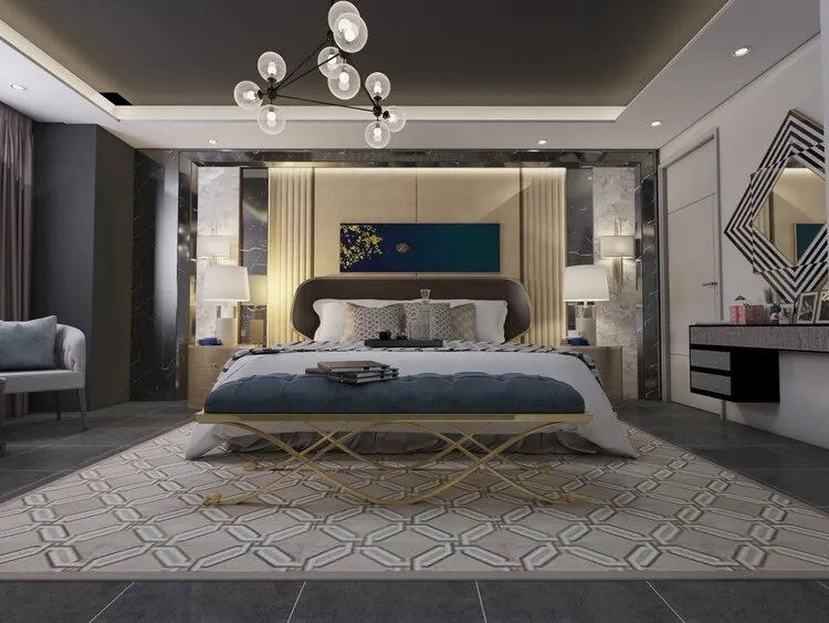 Phòng ngủ master có diện tích lớn theo phong cách hiện đại, phân chia rõ thiết kế thành 3 khu vực: bàn uống trà phía bên trái, giường ngủ ở trung tâm, bàn trang điểm bên phải.