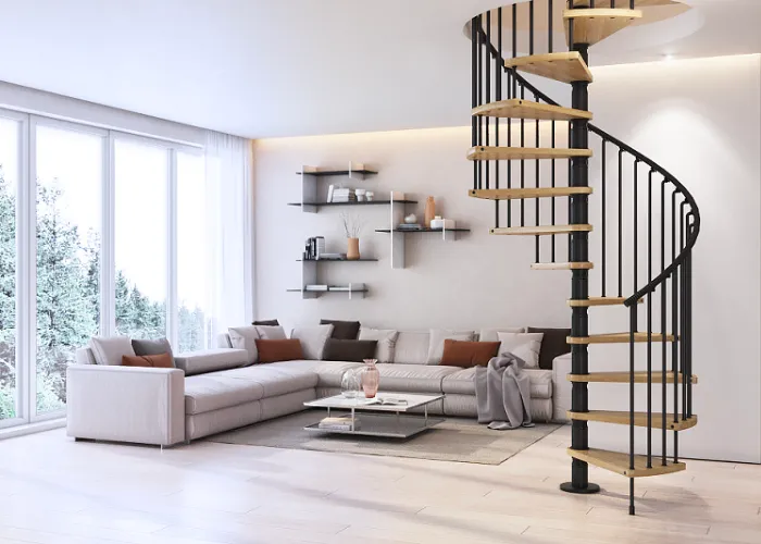 Mẫu phòng khách nhà ống 5m có thiết kế cầu thang dạng xoắn đẹp mắt, được tô điểm thêm bởi tông màu trắng của tường và trần nhà, làm tăng thêm phần sang trọng cho tổng thể không gian.