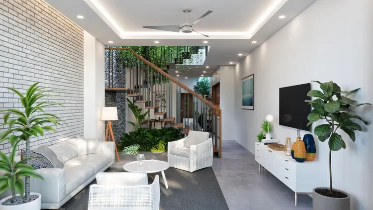 Tông màu tường trắng giúp bắt sáng tốt hơn và các chậu cây xanh tô điểm giúp cho tổng thể phòng khách thêm gần gũi.