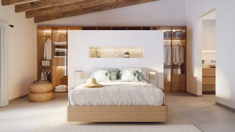 Phòng ngủ master thiết kế kiểu mộc mạc cho nhà phố, sử dụng chất liệu chính là gỗ, mây, tre; tủ quần áo thiết kế phía sau giường ngủ gọn gàng, thanh thoát.