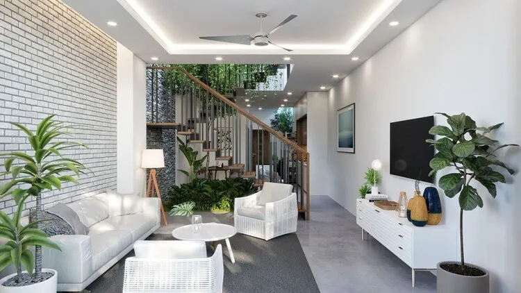 Mẫu thiết kế phòng khách nhà ống với tông trắng, xám và màu xanh của cây cối, kết hợp chất liệu gỗ, mây tre tăng cảm giác mát mẻ, thư thái