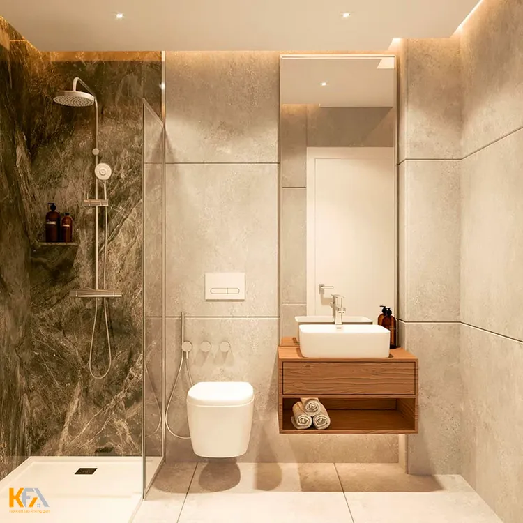 Thiết kế phòng tắm 4m2 nhỏ gọn, hiện đại và tinh tế với gương lớn, tạo hiệu ứng phản chiếu và làm cho phòng tắm trông rộng hơn.