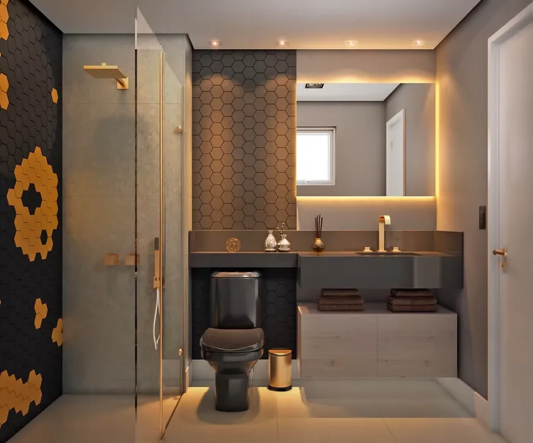 Mẫu thiết kế phòng tắm 4m2 tông màu đen - vàng - xám hiện đại và nổi bật