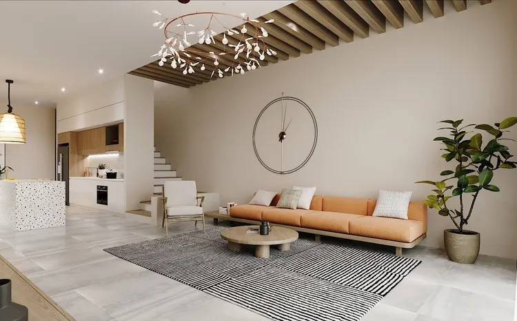 Phòng khách nhà ống phong cách Japandi nhẹ nhàng, ấm cúng, chọn nội thất từ chất liệu gỗ, vải làm chủ đạo, thiết kế tối giản giúp không gian rộng hơn.