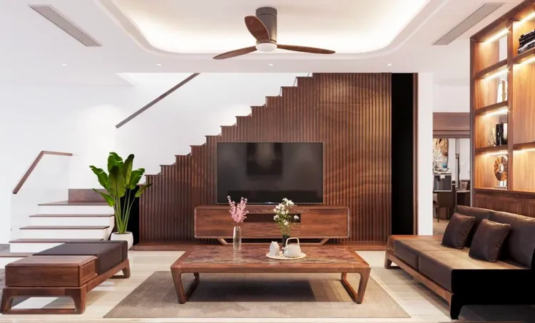 Sự kết hợp độc đáo giữa các sản phẩm nội thất từ chất liệu gỗ tự nhiên sang trọng và nền tường trắng tạo nên nét đẳng cấp, thoáng đãng cho không gian phòng khách.