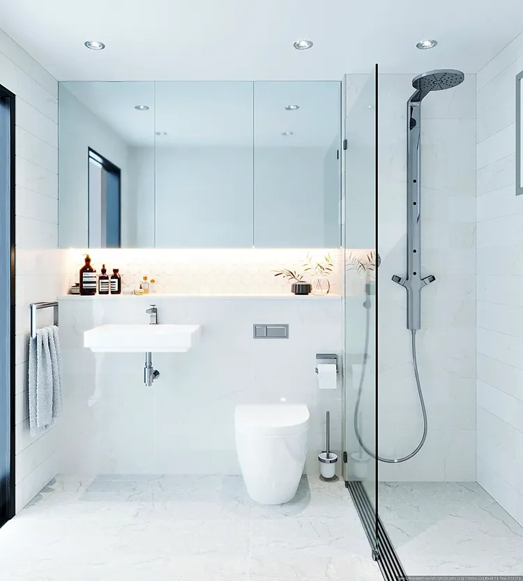 Sử dụng tông màu trung tính như trắng, xám để không gian phòng tắm 4m2 trông rộng hơn.
