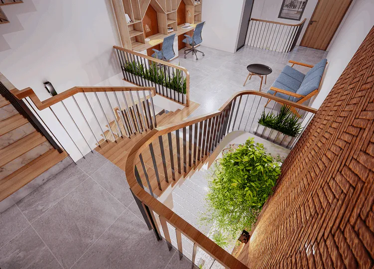 Xu hướng thiết kế phòng khách nhà ống 5m có cầu thang hướng đến thiên nhiên được nhiều gia chủ lựa chọn.