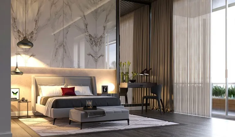 Trang trí đầu giường cho phòng ngủ master chung cư với đá hoa cương mang đến nét sang trọng, hiện đại cho gian phòng.