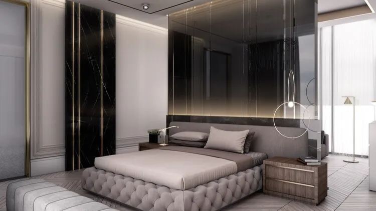 Phòng ngủ master chung cư theo phong cách hiện đại, với khu vực làm việc, tiếp khách được thiết kế tách biệt, đối xứng với khu vực giường ngủ.