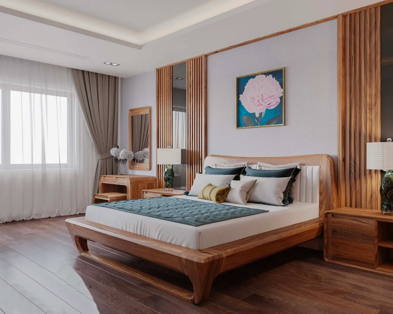 Giường ngủ từ gỗ tự nhiên có tuổi thọ cao và màu sắc trầm ấm