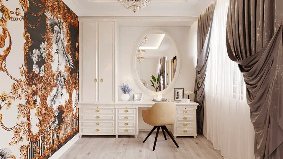Bàn trang điểm hiện đại với thiết kế đơn giản, gọn nhẹ tích hợp thêm tủ quần áo nhỏ bên cạnh và hệ thống ngăn kéo tối ưu khả năng lưu trữ