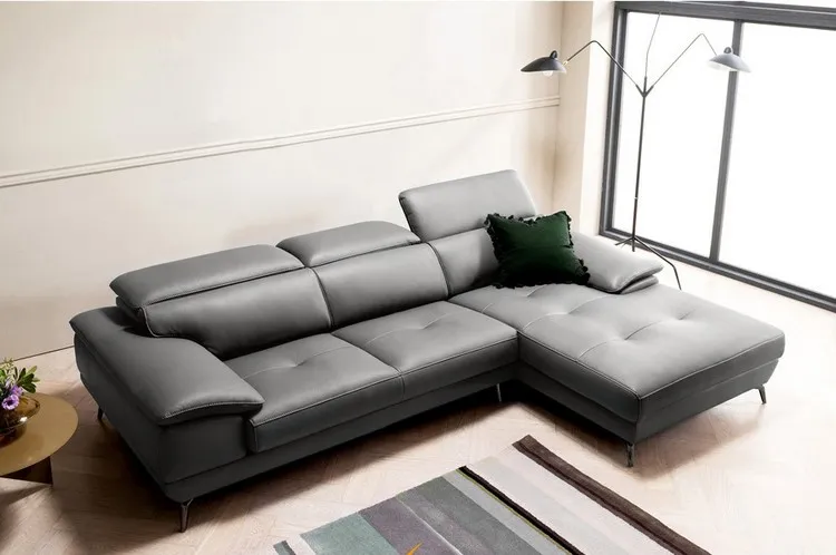 Ghế sofa chữ L bọc da màu xám sang trọng