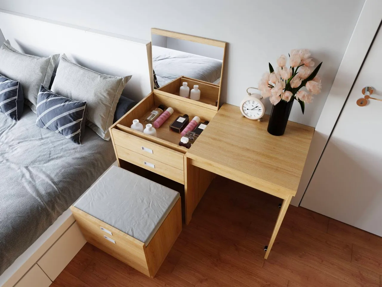Bàn trang điểm dành cho phòng có diện tích nhỏ, được thiết kế thông minh với nhiều ngăn kéo và gương tích hợp