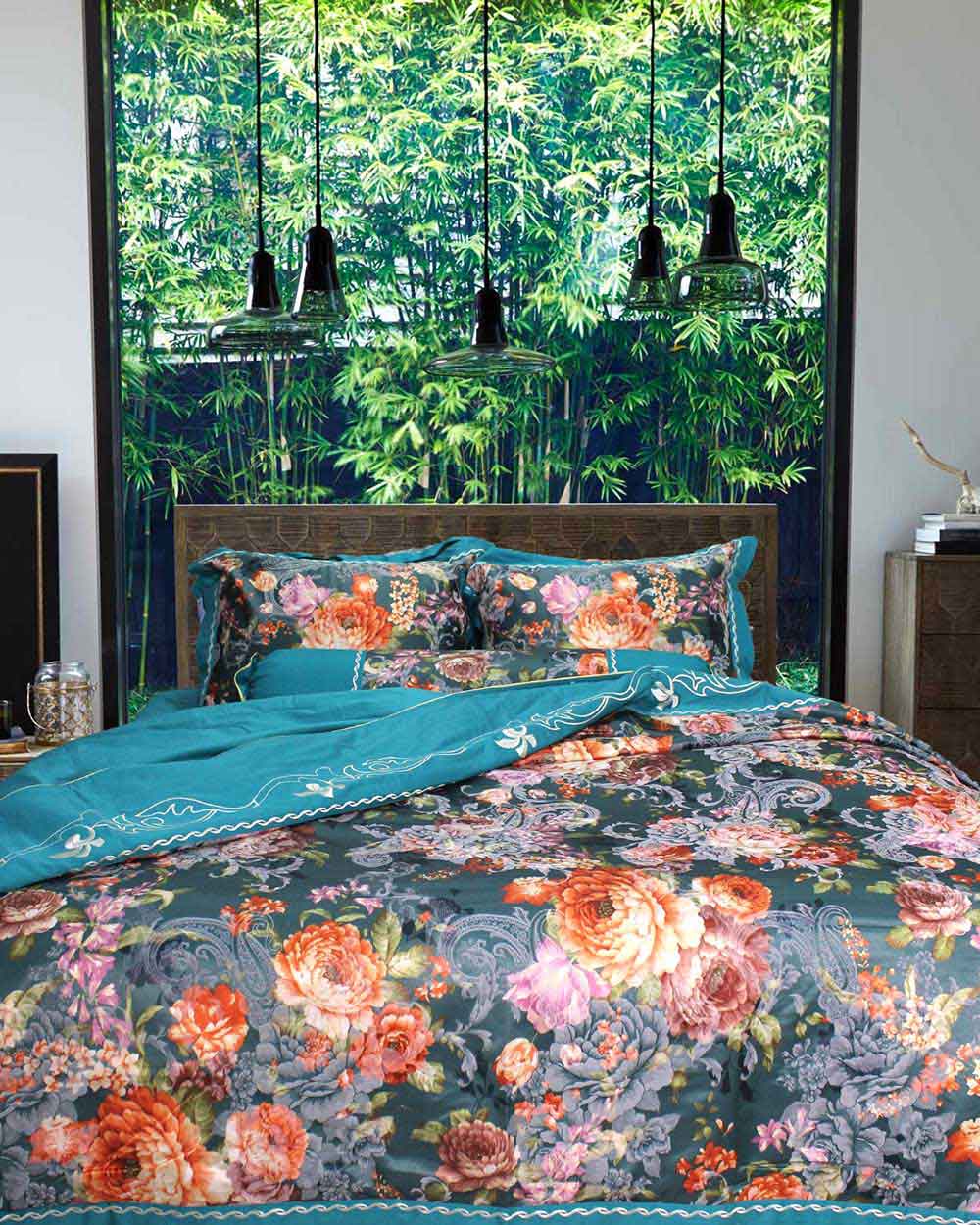 Bộ Vỏ Chăn Ga Gối Satin Gấm Hoa Xanh