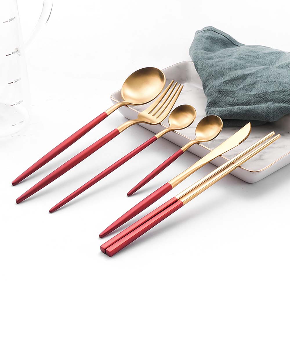 Bộ 4 Muỗng Nĩa Dao Đũa Inox Cán Đỏ