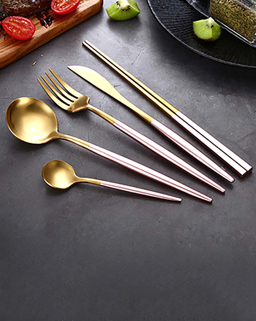 Bộ 4 Muỗng Nĩa Dao Đũa Inox Cán Hồng