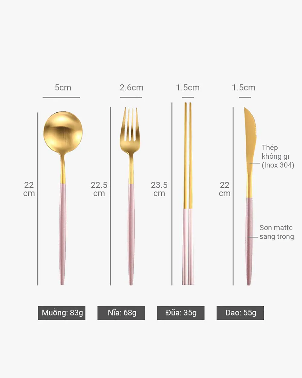 Bộ 4 Muỗng Nĩa Dao Đũa Inox Cán Hồng