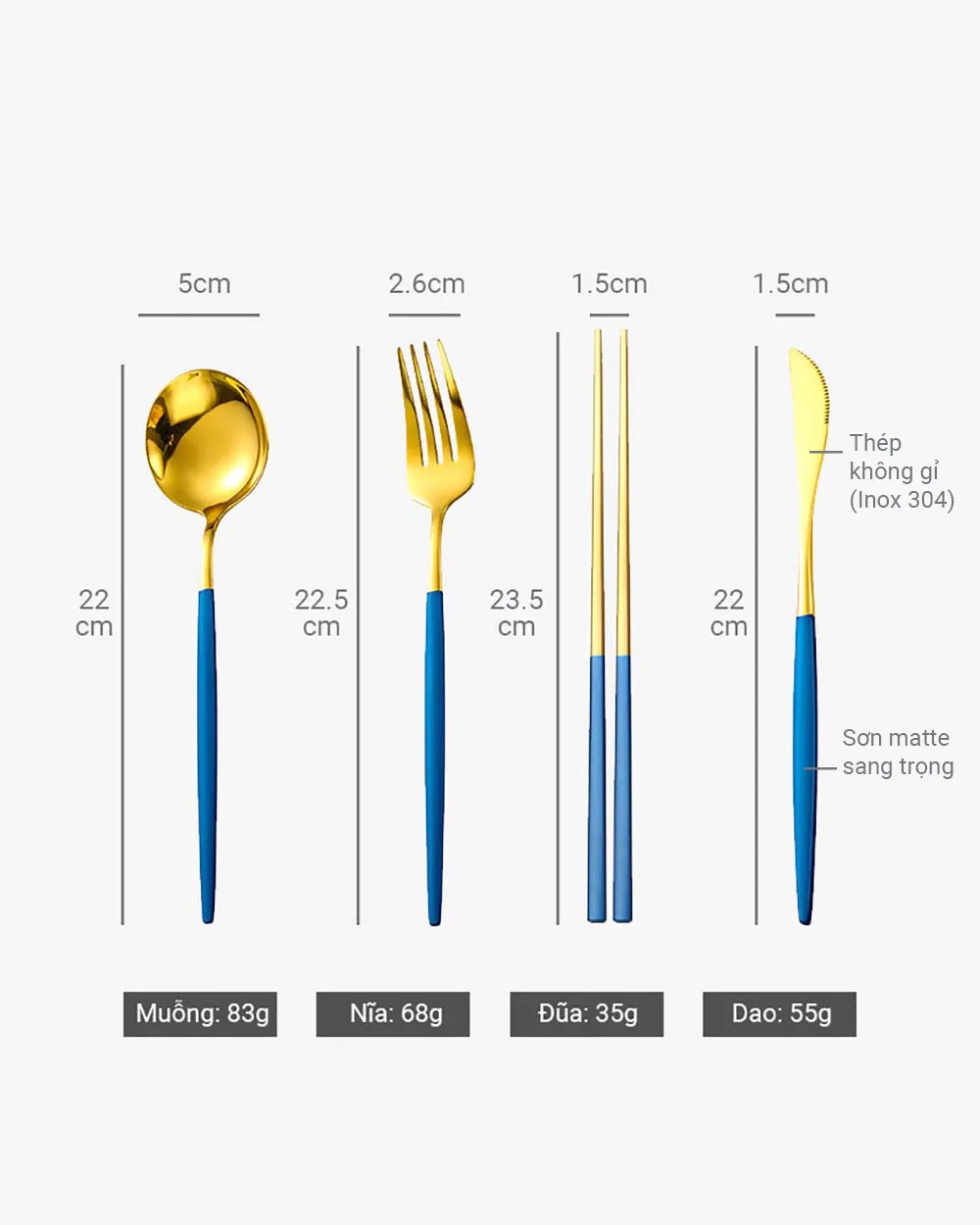 Bộ 4 Muỗng Nĩa Dao Đũa Inox Cán Xanh Dương Bộ 4 Muỗng Nĩa Dao Đũa Inox Cán Xanh Dương